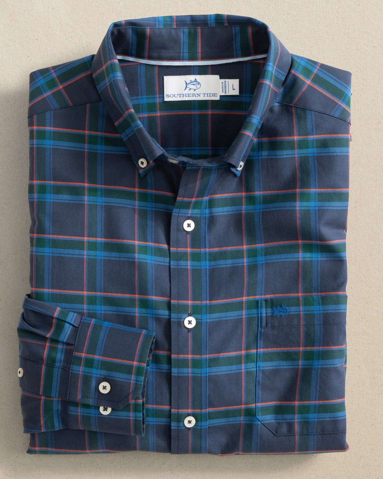 The folded view of the Southern Tide Jekyll Plaid Skipjack Long Sleeve Sport Shirt by Southern Tide - Dress Blue