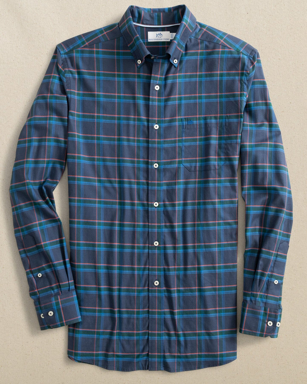 The front view of the Southern Tide Jekyll Plaid Skipjack Long Sleeve Sport Shirt by Southern Tide - Dress Blue