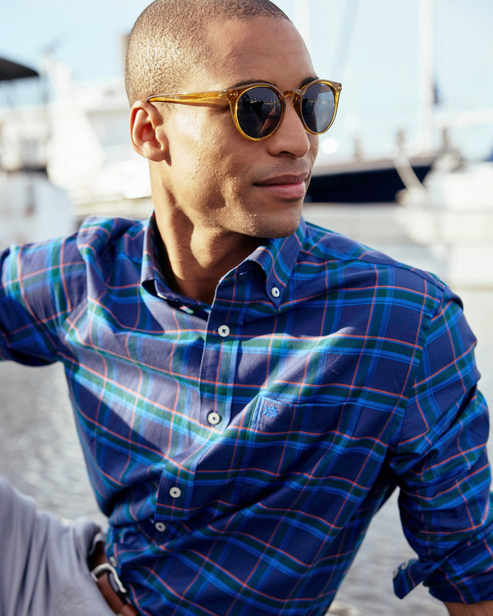 The lifestyle view of the Southern Tide Jekyll Plaid Skipjack Long Sleeve Sport Shirt by Southern Tide - Dress Blue