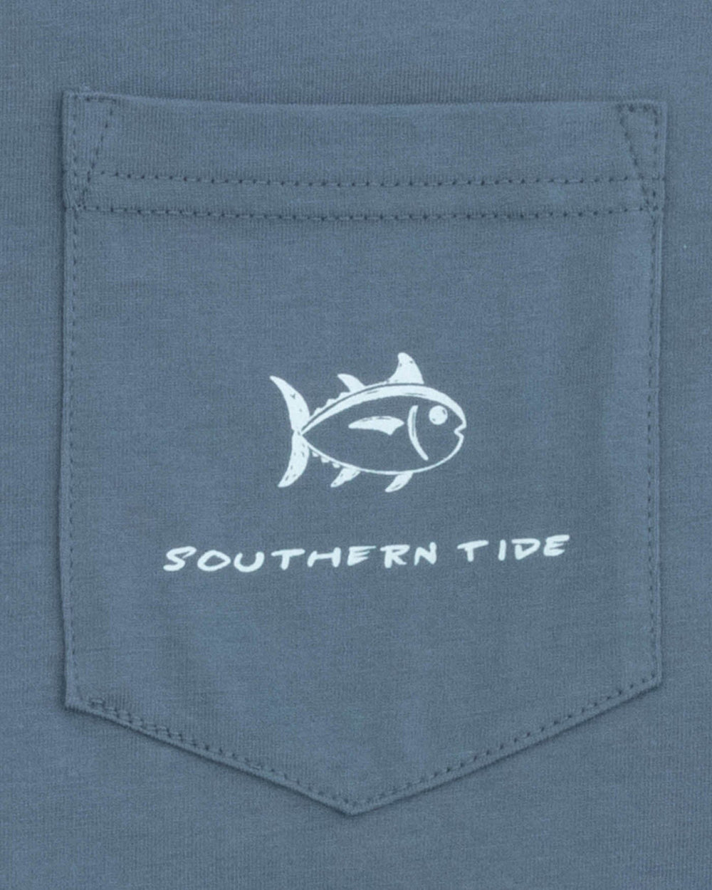 The detail view of the Southern Tide Jon Boat Fishing Long Sleeve T-Shirt by Southern Tide - Blue Haze