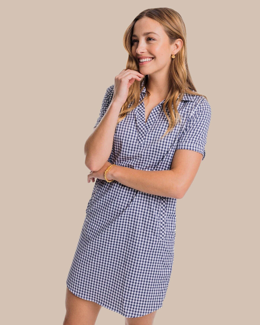 The front view of the Southern Tide Kamryn brrr°® Intercoastal Gingham Dress by Southern Tide - Nautical Navy
