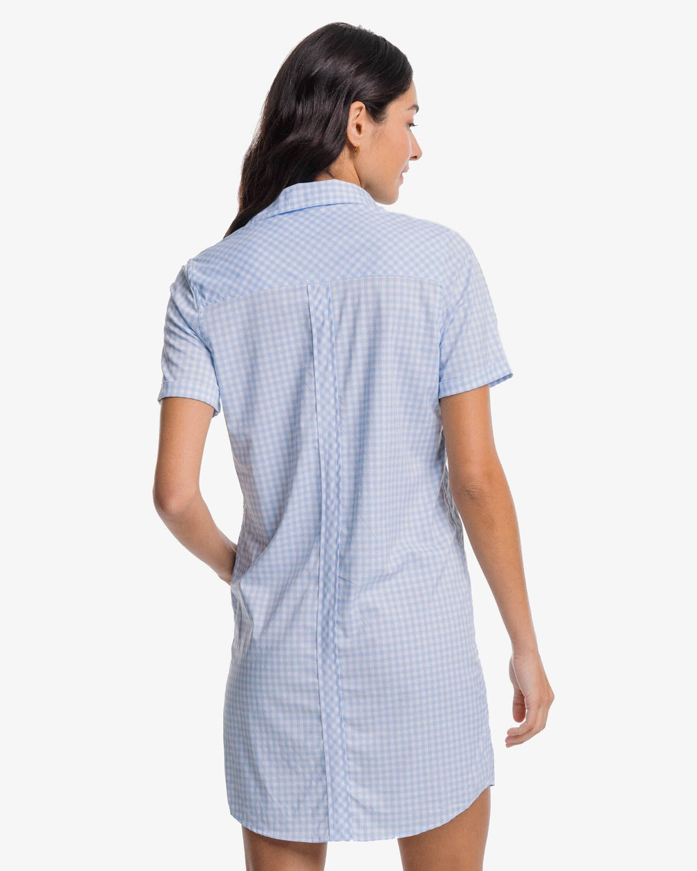 The back view of the Southern Tide Kamryn brrr°® Intercoastal Gingham Dress by Southern Tide - Sky Blue