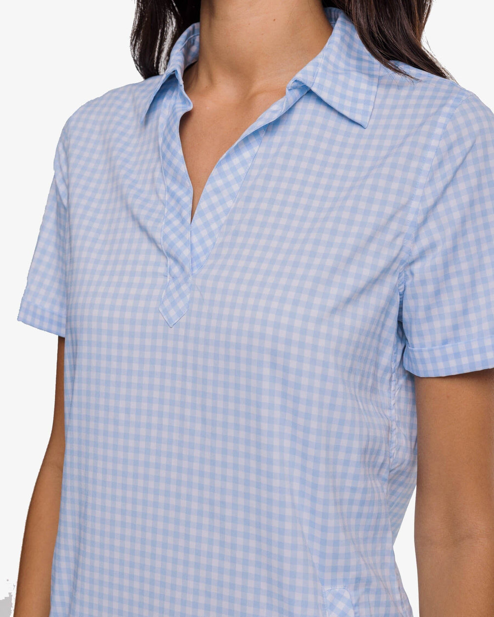 The top detail view of the Southern Tide Kamryn brrr°® Intercoastal Gingham Dress by Southern Tide - Sky Blue