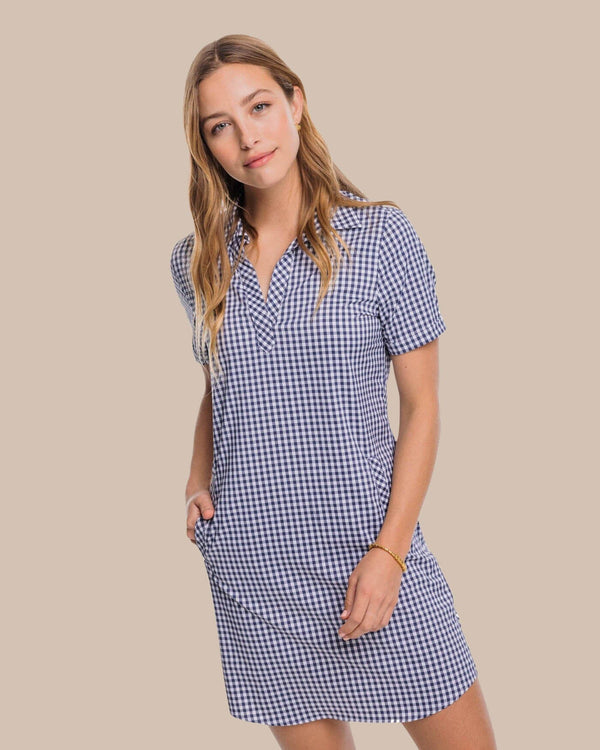 The angle front view of the Southern Tide Kamryn brrr°® Intercoastal Gingham Dress by Southern Tide - Nautical Navy