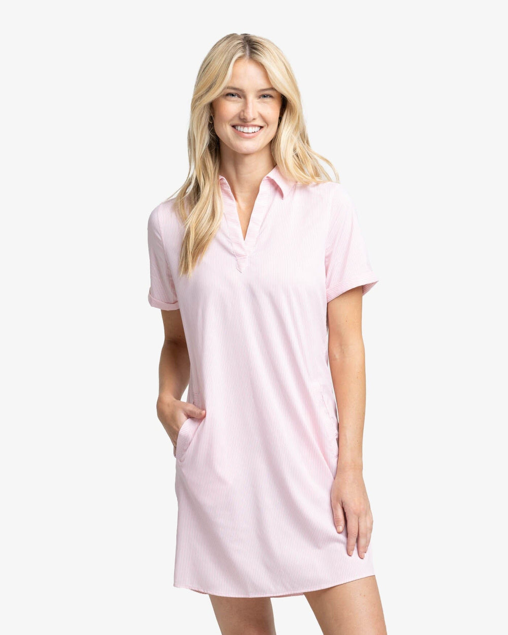 The front view of the Southern Tide Kamryn brrr°® Intercoastal Stripe Dress by Southern Tide - Flamingo Pink