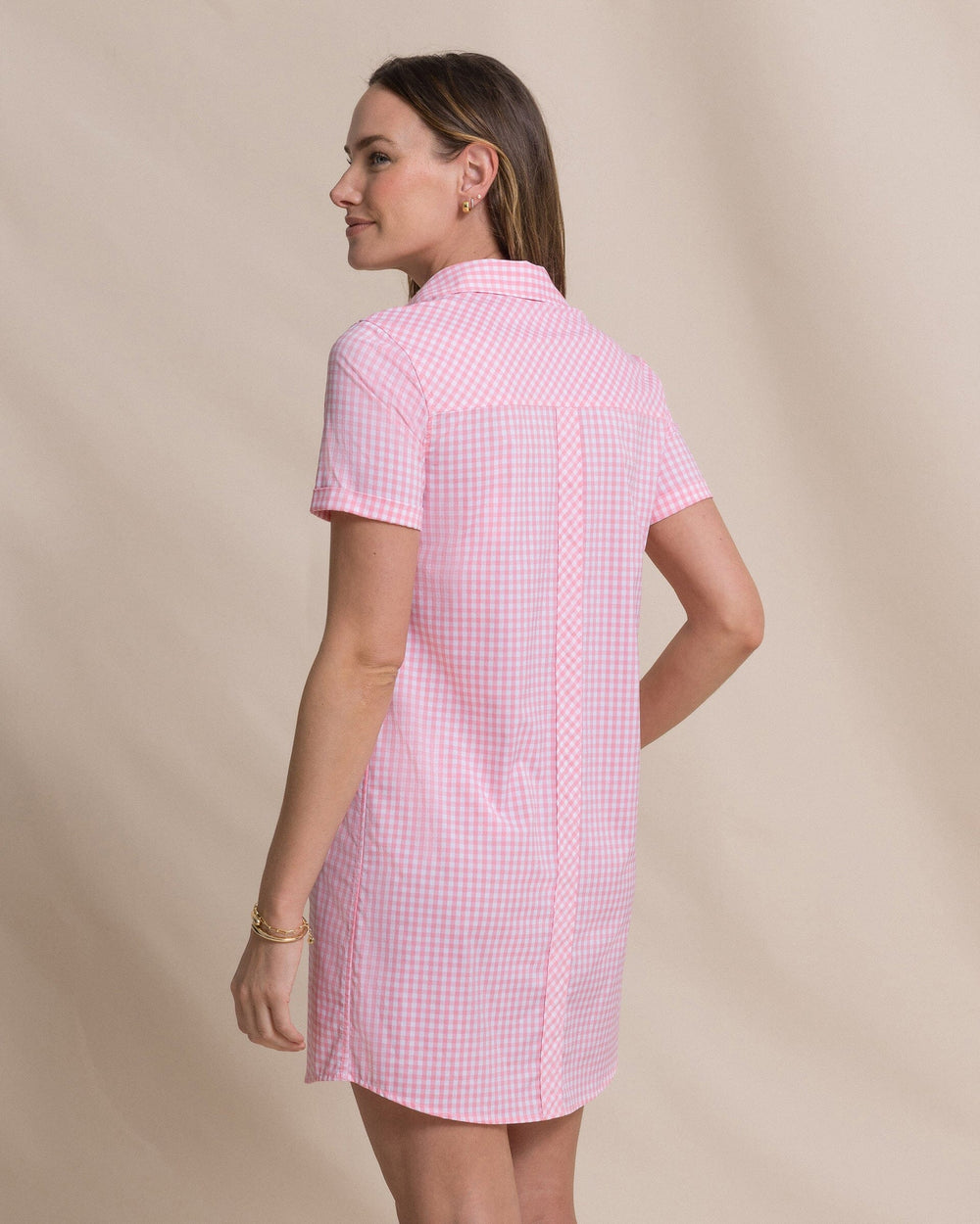 The back view of the Southern Tide Kamryn Gingham Coastal Breeze® Dress by Southern Tide - Sea Pink