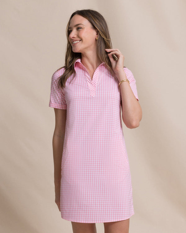 The front view of the Southern Tide Kamryn Gingham Coastal Breeze® Dress by Southern Tide - Sea Pink
