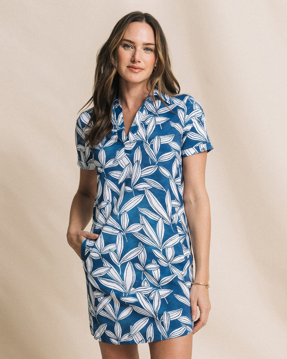The front view of the Southern Tide Kamryn Printed Coastal Breeze® Performance Dress by Southern Tide - Nautical Blue