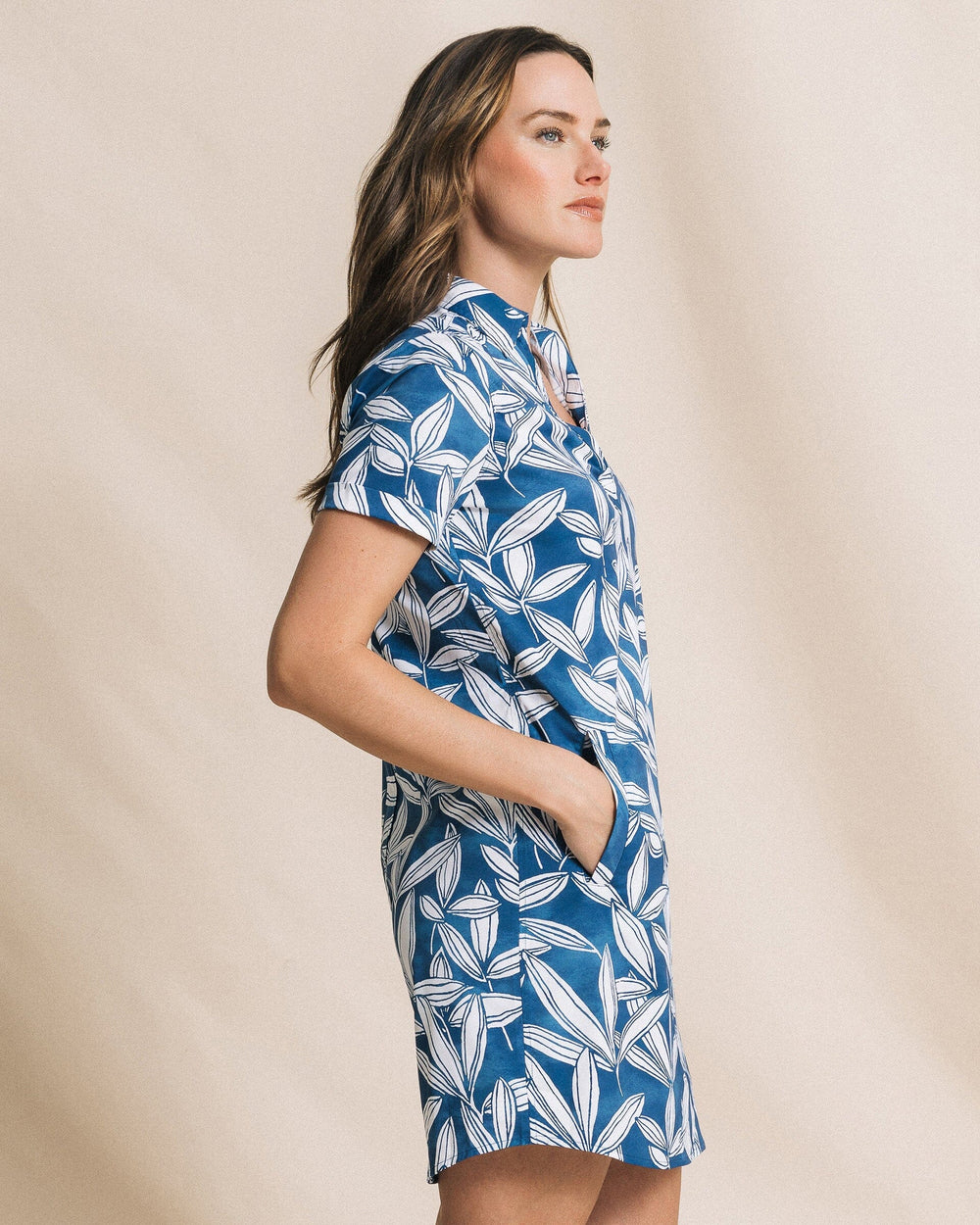 The side view of the Southern Tide Kamryn Printed Coastal Breeze® Performance Dress by Southern Tide - Nautical Blue