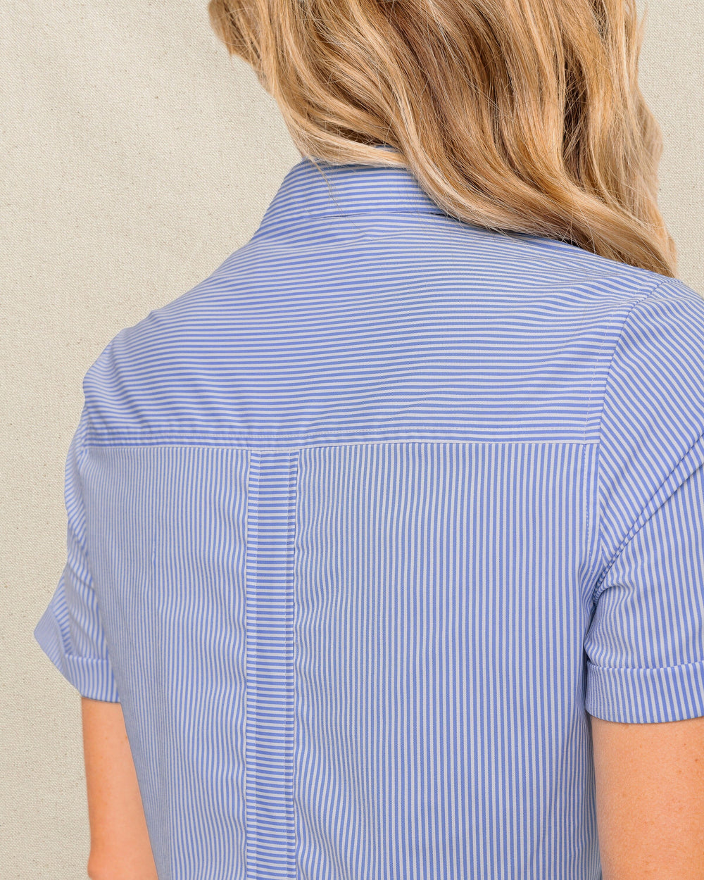 The back detail view of the Southern Tide Kamryn Stripe Coastal Breeze® Dress by Southern Tide - Cobalt Blue 