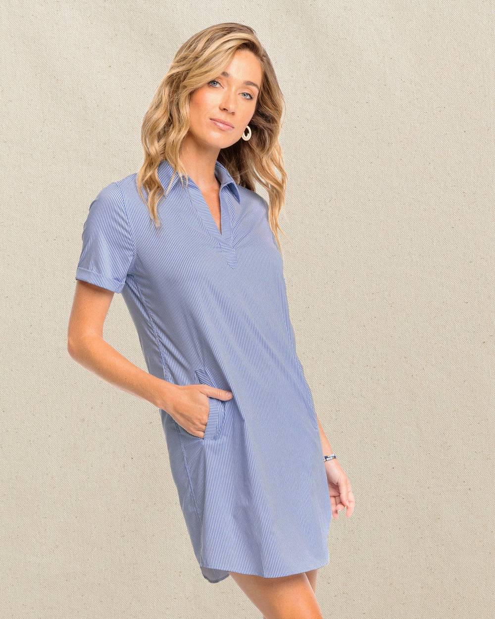 The front view of the Southern Tide Kamryn Stripe Coastal Breeze® Dress by Southern Tide - Cobalt Blue 