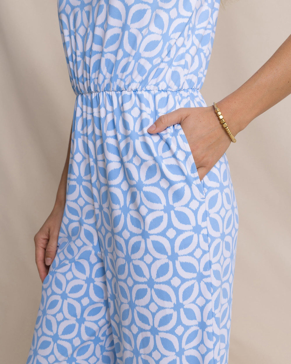 The detail view of the Southern Tide Karrigan Printed Performance Jumpsuit by Southern Tide - Ocean Channel