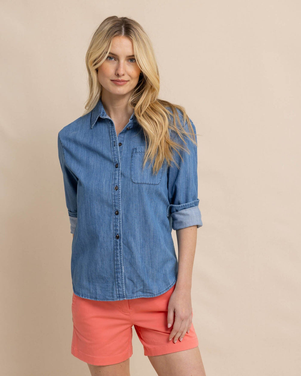 The front view of the Southern Tide Katherine Denim Shirt by Southern Tide - Medium Wash Indigo