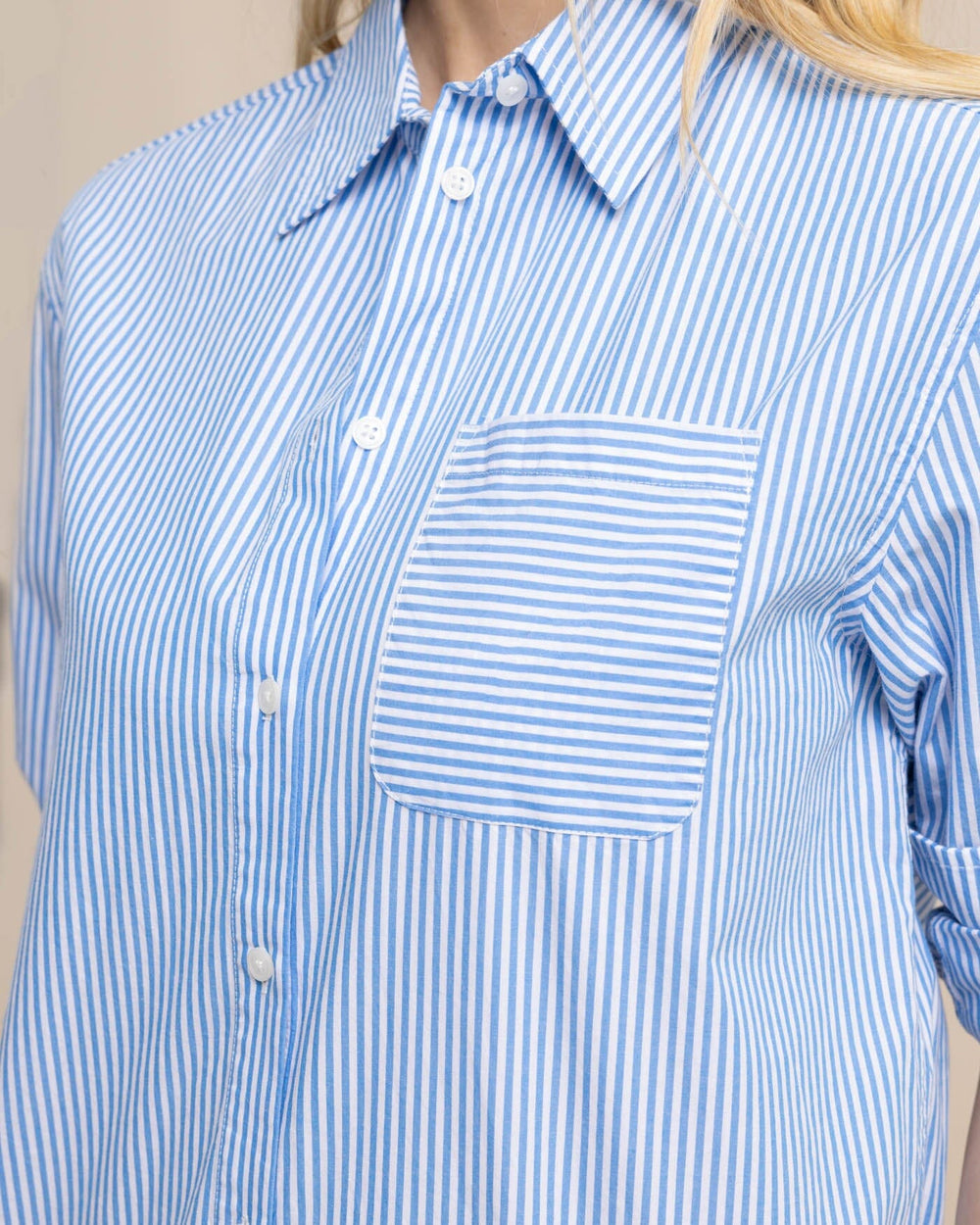 The detail view of the Southern Tide Katherine Stripe Shirt by Southern Tide - Blue Fin