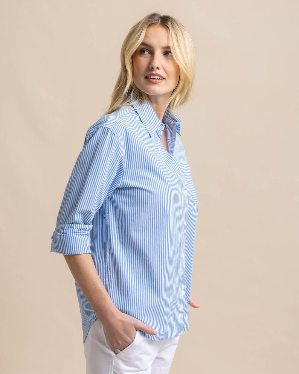 The front view of the Southern Tide Katherine Stripe Shirt by Southern Tide - Blue Fin