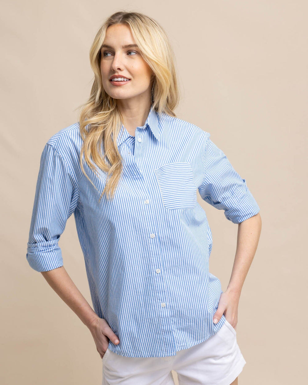 The front view of the Southern Tide Katherine Stripe Shirt by Southern Tide - Blue Fin