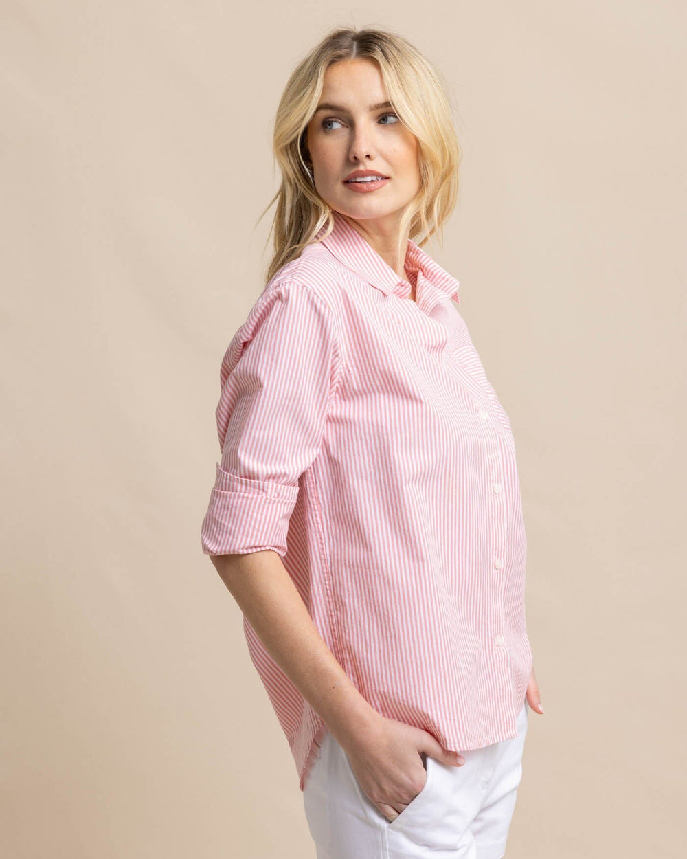 The front view of the Southern Tide Katherine Stripe Shirt by Southern Tide - Conch Shell