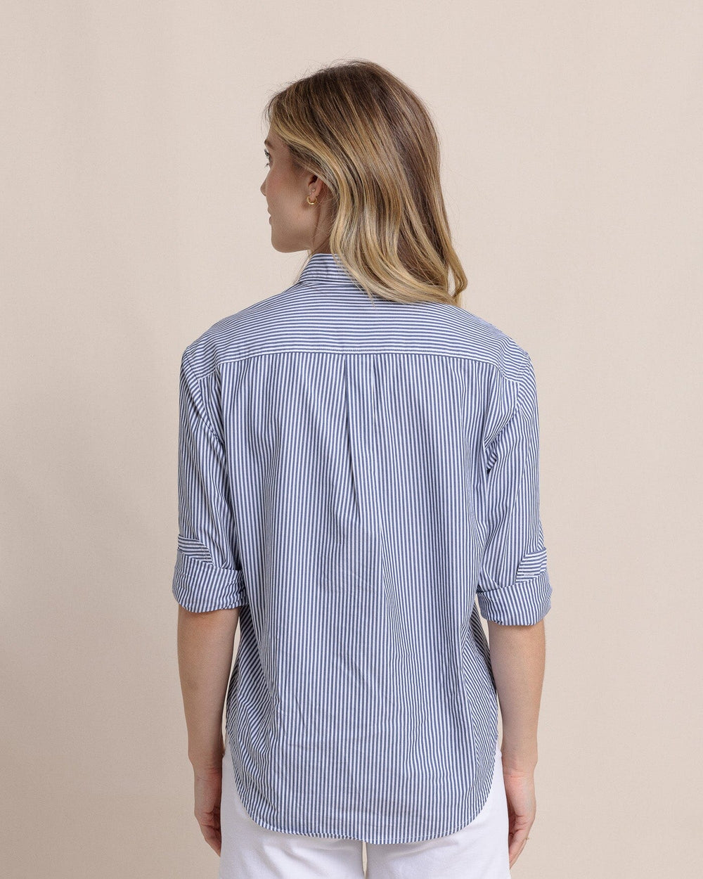 The back view of the Southern Tide Katherine Stripe Shirt by Southern Tide - Dress Blue