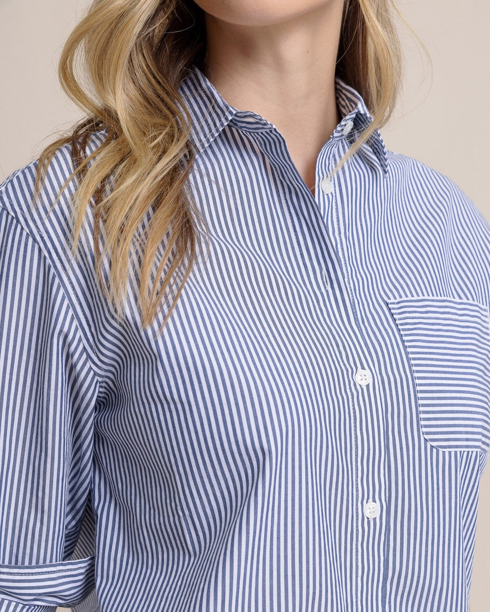 The detail view of the Southern Tide Katherine Stripe Shirt by Southern Tide - Dress Blue