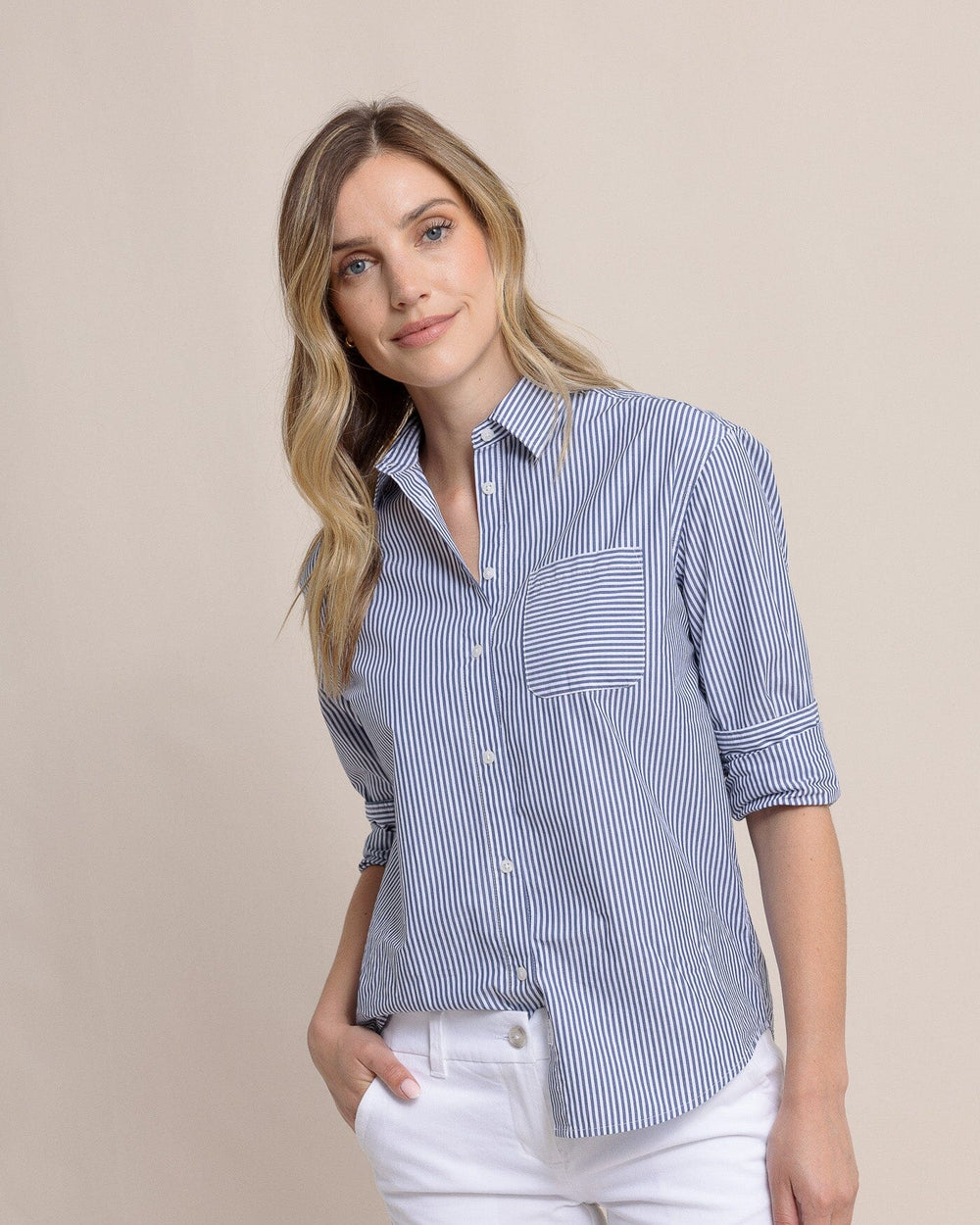 The front view of the Southern Tide Katherine Stripe Shirt by Southern Tide - Dress Blue