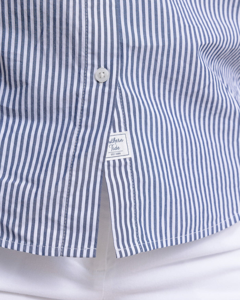 The hem view of the Southern Tide Katherine Stripe Shirt by Southern Tide - Dress Blue