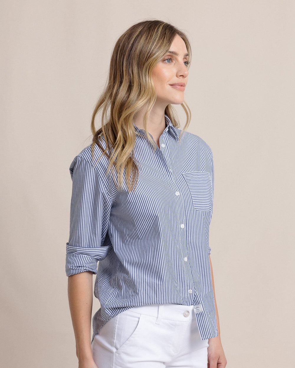 The side view of the Southern Tide Katherine Stripe Shirt by Southern Tide - Dress Blue