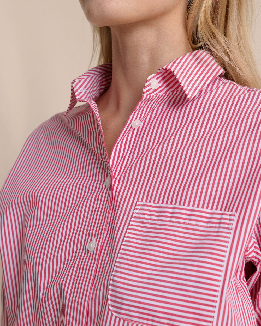 The detail view of the Southern Tide Katherine Stripe Shirt by Southern Tide - Grenadine Red