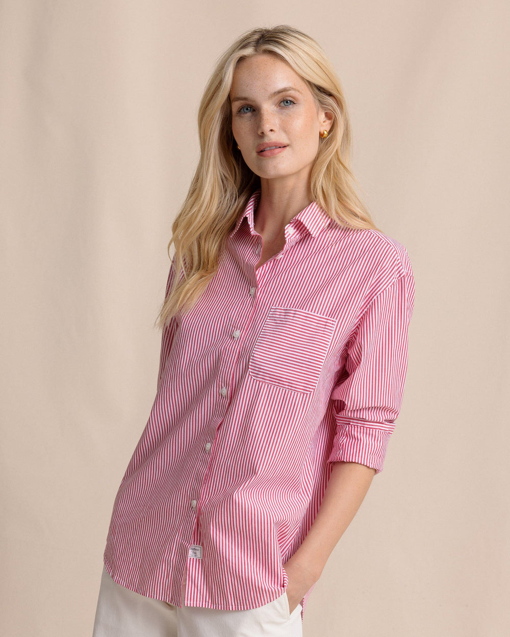 The front view of the Southern Tide Katherine Stripe Shirt by Southern Tide - Grenadine Red