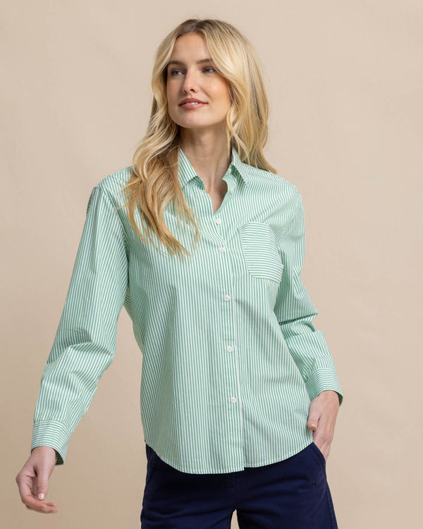 The front view of the Southern Tide Katherine Stripe Shirt by Southern Tide - Lawn Green