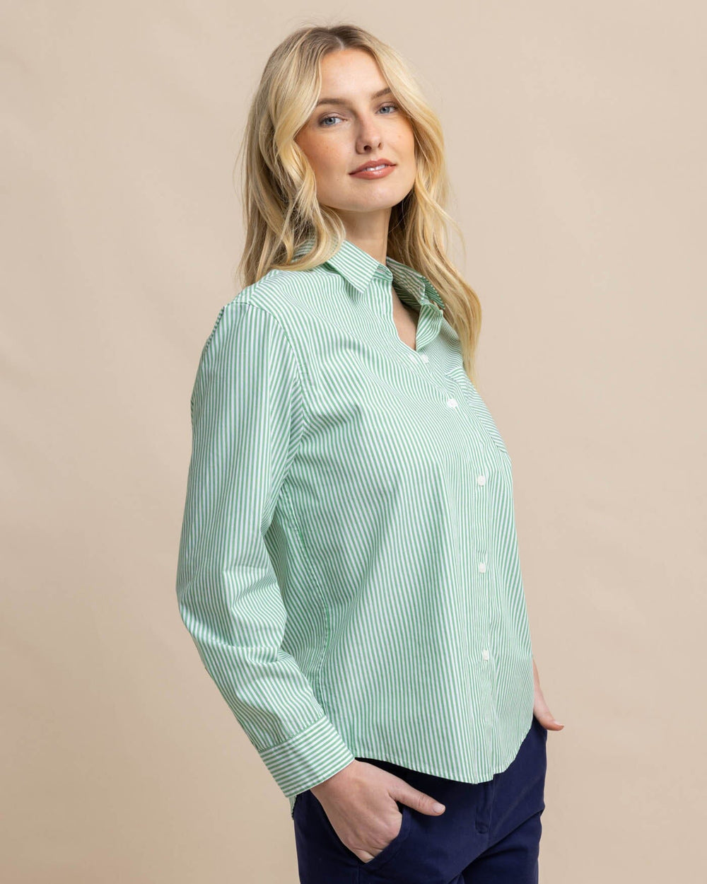 The front view of the Southern Tide Katherine Stripe Shirt by Southern Tide - Lawn Green