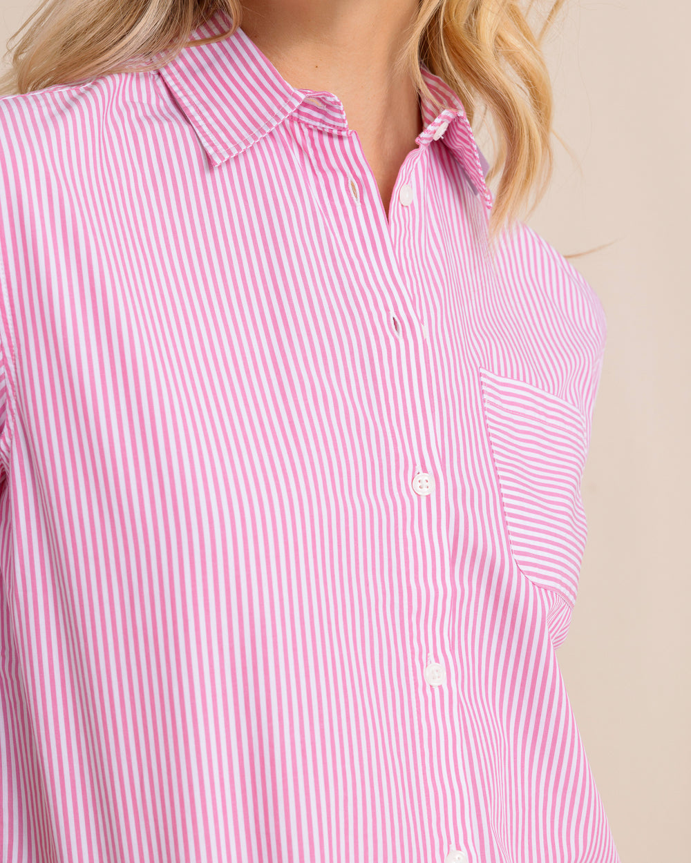 The front detail view of the Southern Tide Katherine Stripe Shirt by Southern Tide - Very Berry