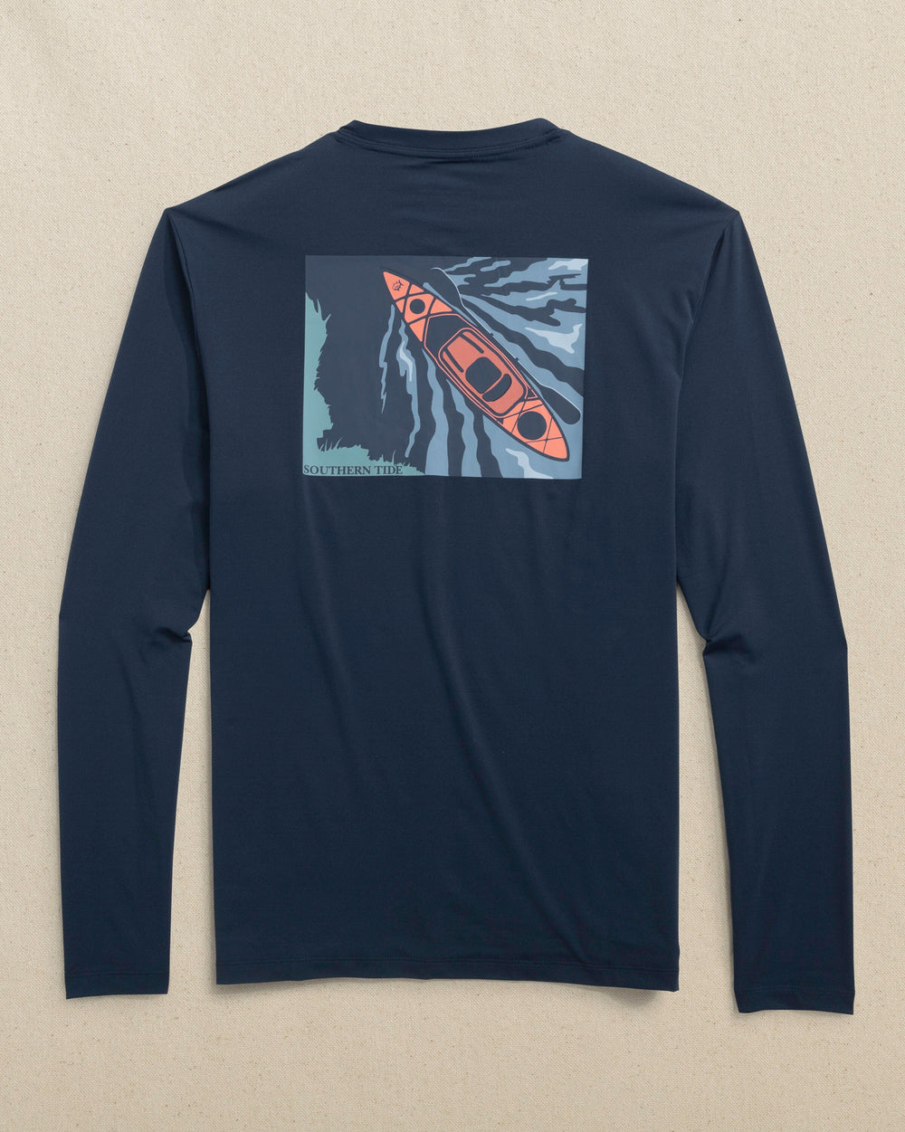 The back view of the Southern Tide Kayak Marshview Long Sleeve Performance T-Shirt by Southern Tide - Dress Blue