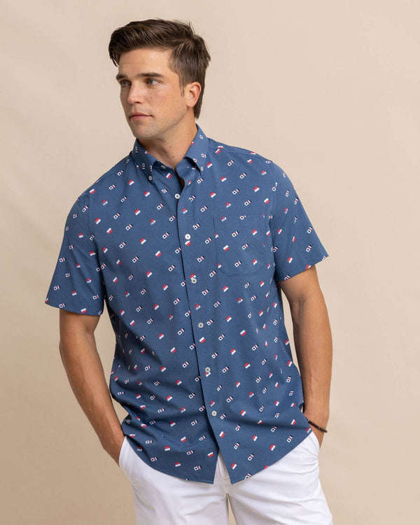 The front view of the Southern Tide Keep It Nautical Intercoastal Heather Short Sleeve Sportshirt by Southern Tide - Heather Aged Denim