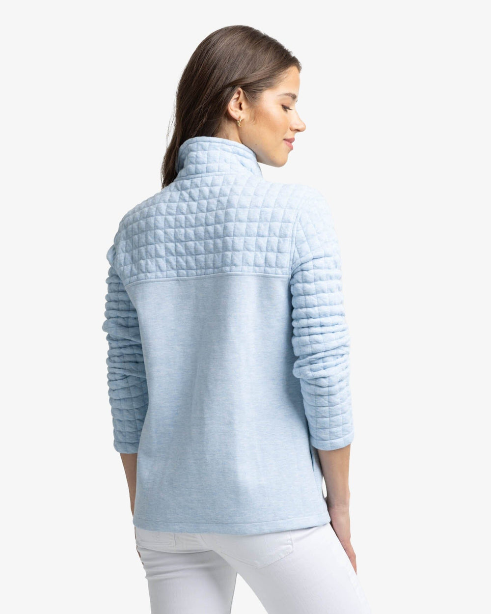 The back view of the Southern Tide Kelsea Quilted Heather Pullover by Southern Tide - Heather Dream Blue