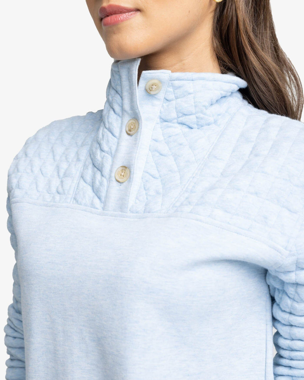 The detail view of the Southern Tide Kelsea Quilted Heather Pullover by Southern Tide - Heather Dream Blue