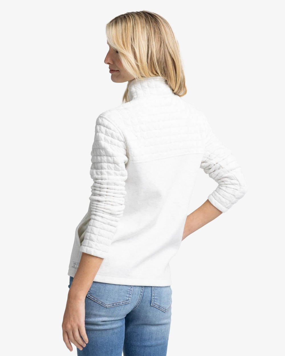 The back view of the Southern Tide Kelsea Quilted Heather Pullover by Southern Tide - Heather Star White
