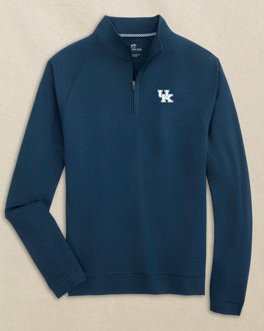 The front view of the Southern Tide Kentucky Wildcats Cruiser Quarter Zip by Southern Tide - Heather Dress Blue