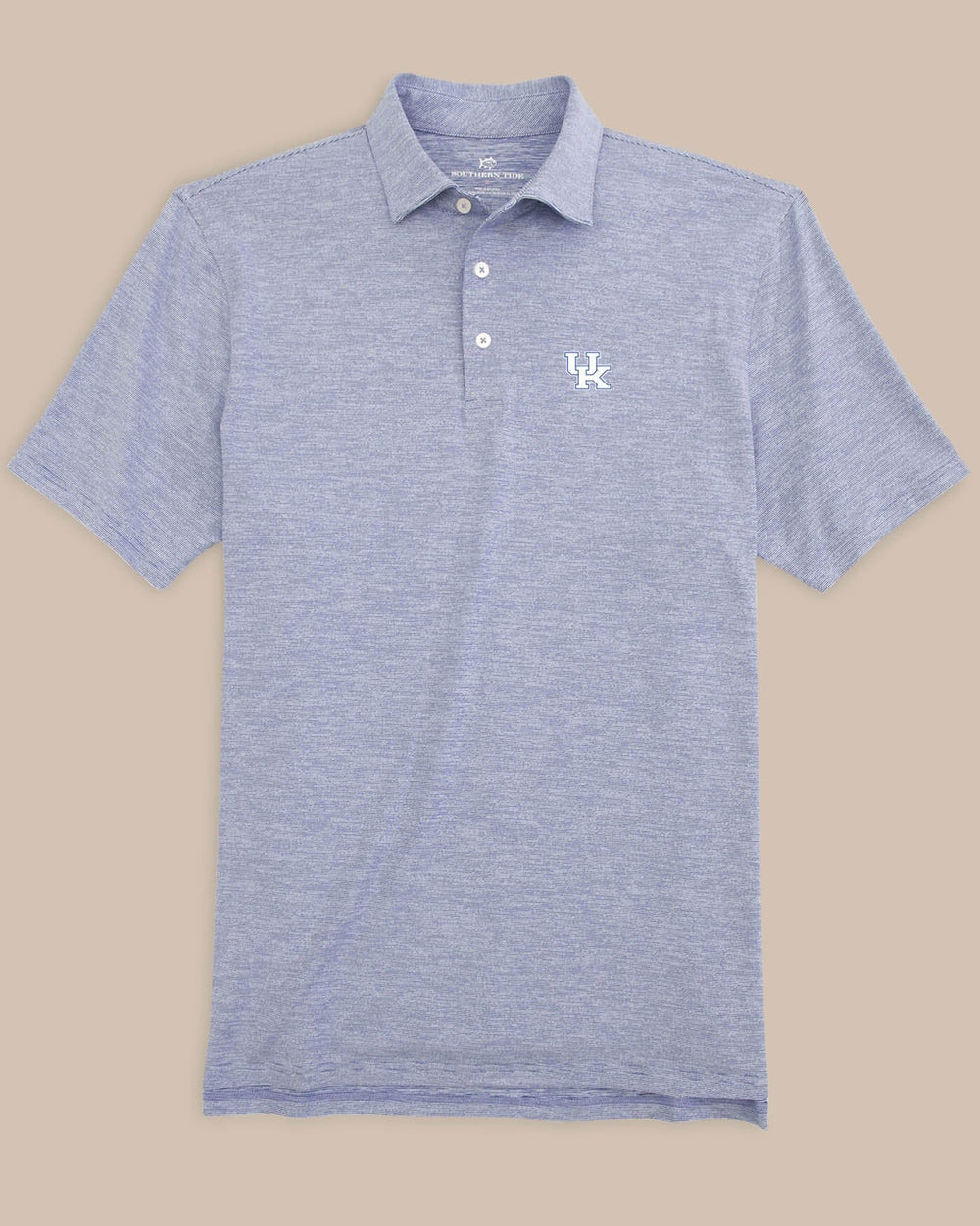 The front view of the Kentucky Wildcats Driver Spacedye Polo Shirt by Southern Tide - University Blue