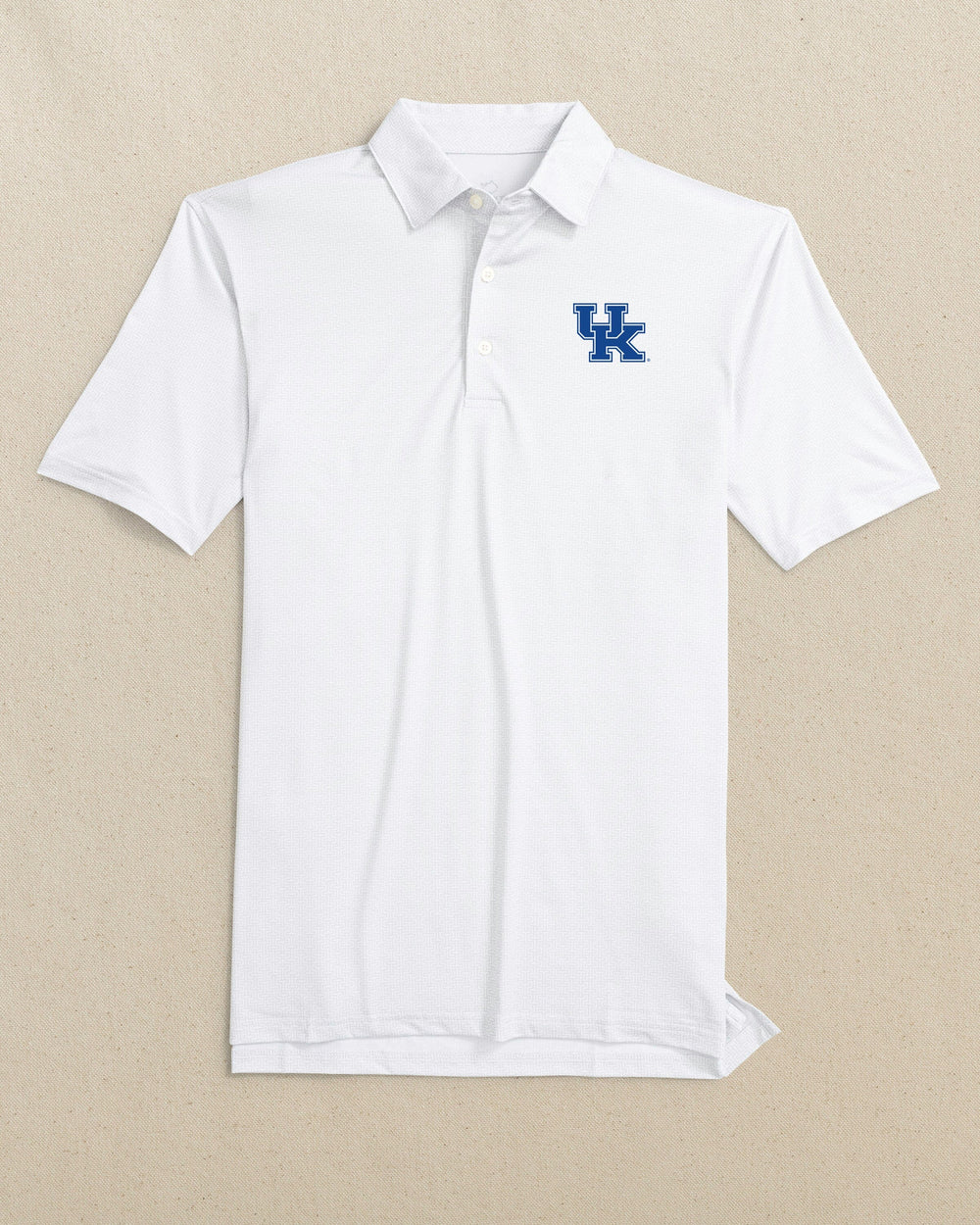 The front view of the Southern Tide Kentucky Wildcats Driver ST Geo Printed Polo by Southern Tide - Classic White