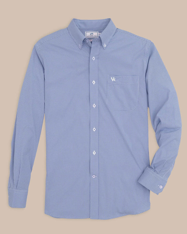 The front view of the Men's Light Blue Kentucky Wildcats Gingham Button Down Shirt by Southern Tide - University Blue