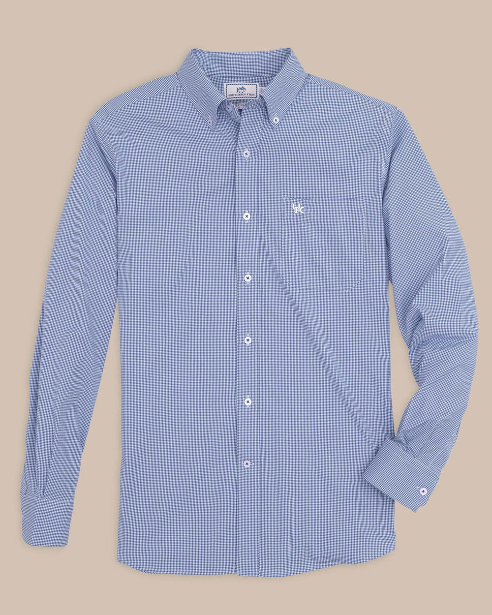 The front view of the Kentucky Wildcats Gingham Button Down Shirt by Southern Tide - University Blue