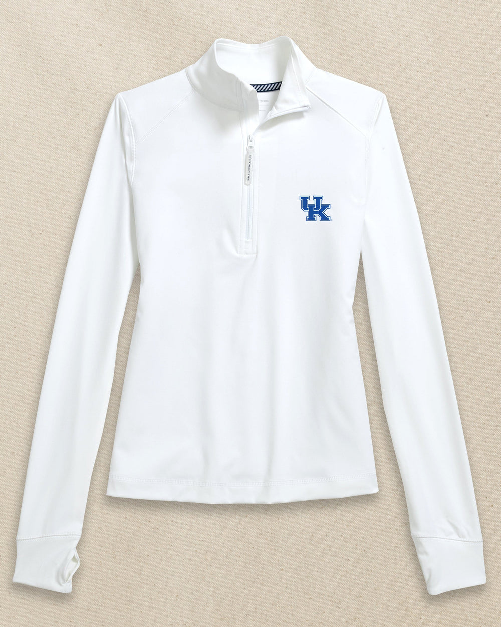 The front view of the Southern Tide Kentucky Wildcats Women's Runaround Quarter Zip by Southern Tide - Classic White