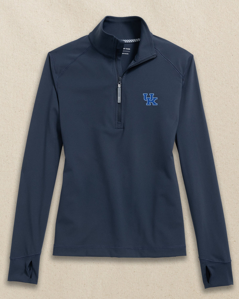 The front view of the Southern Tide Kentucky Wildcats Women's Runaround Quarter Zip by Southern Tide - Dress Blue
