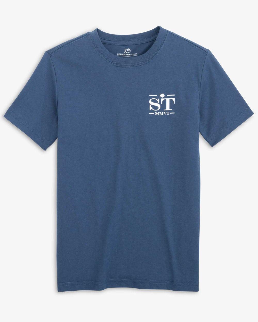 The front view of the Southern Tide Kid's All Inclusive Skipjack T-shirt by Southern Tide - Aged Denim