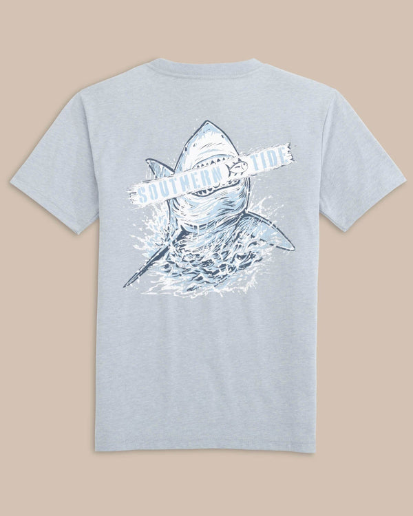The back view of the Southern Tide Kid's Heather Shark Plank Short Sleeve T-shirt by Southern Tide - Heather Platinum Grey
