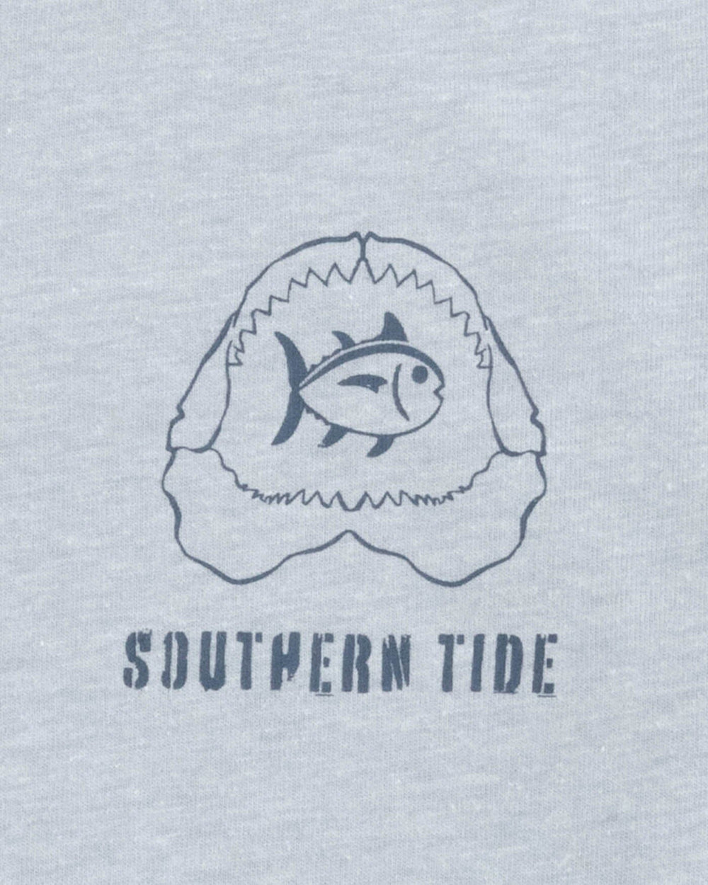 The detail view of the Southern Tide Kid's Heather Shark Plank Short Sleeve T-shirt by Southern Tide - Heather Platinum Grey