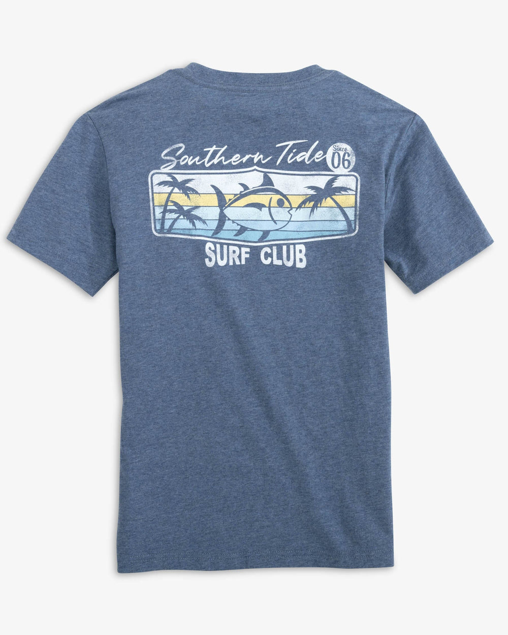 The back view of the Southern Tide Kid's Surf Club 06 Heather T-shirt by Southern Tide - Heather Ensign Blue