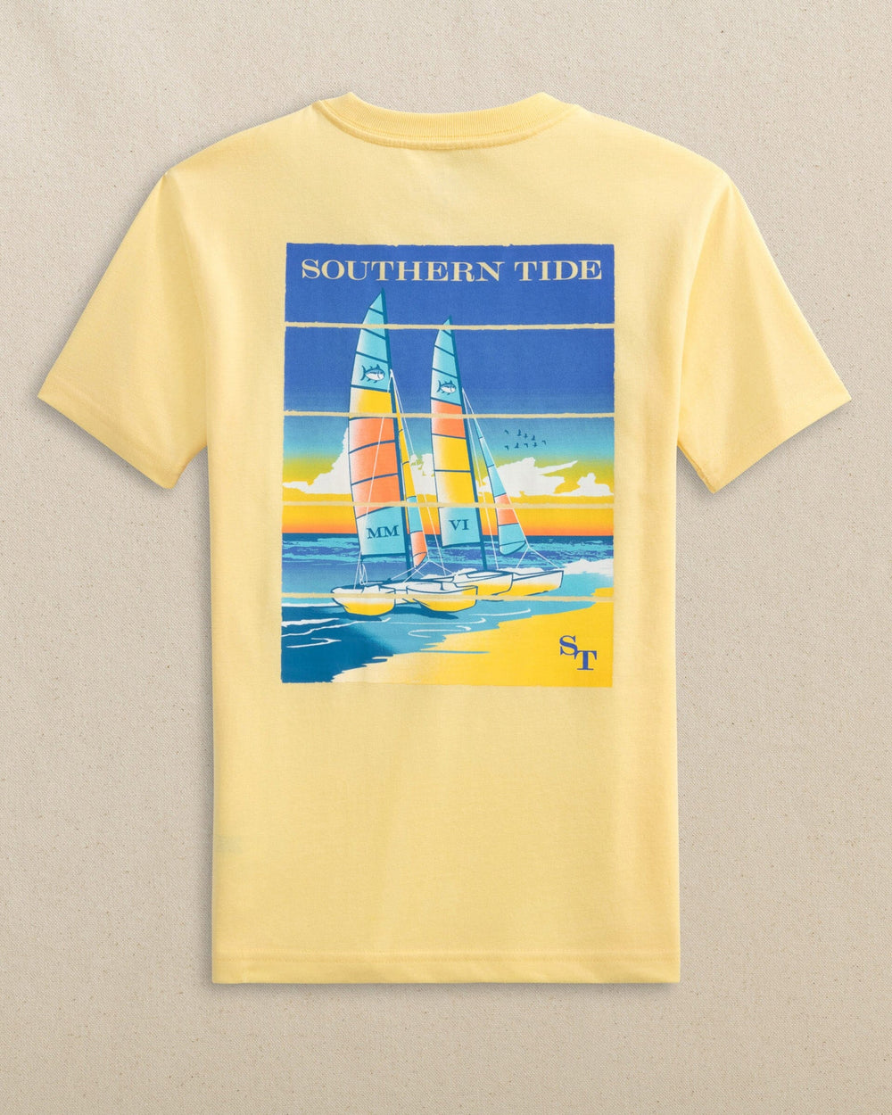 The back view of the Southern Tide Kids Beach Catamarans Short Sleeve T-Shirt by Southern Tide - Pineapple