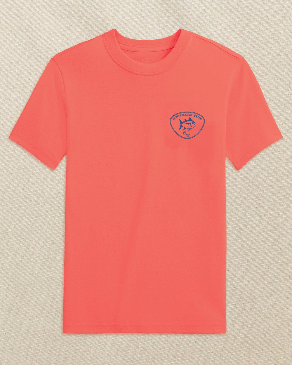 The front view of the Southern Tide Kids Beach Lure Short Sleeve T-Shirt by Southern Tide - Orange Blossom