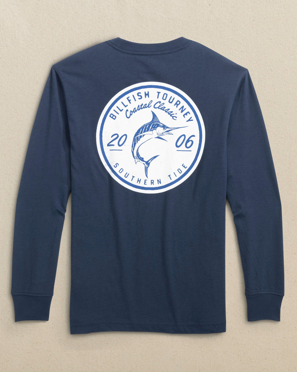 The back view of the Southern Tide Kids Billfish Tourney Long Sleeve T-Shirt by Southern Tide - Dress Blue